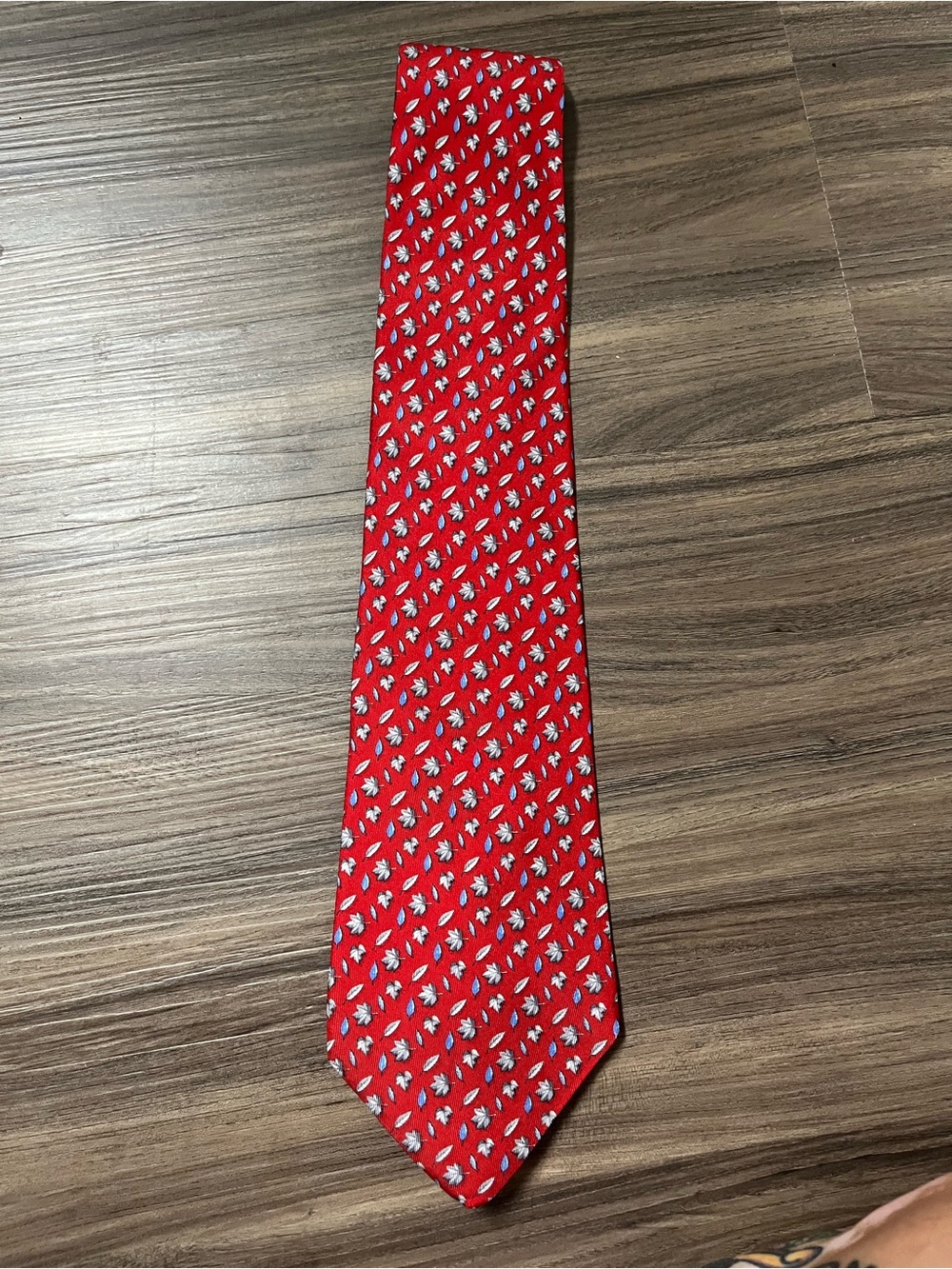 Salvatore Ferragamo Red Silk Tie with White & Blue Leaf Fall design
